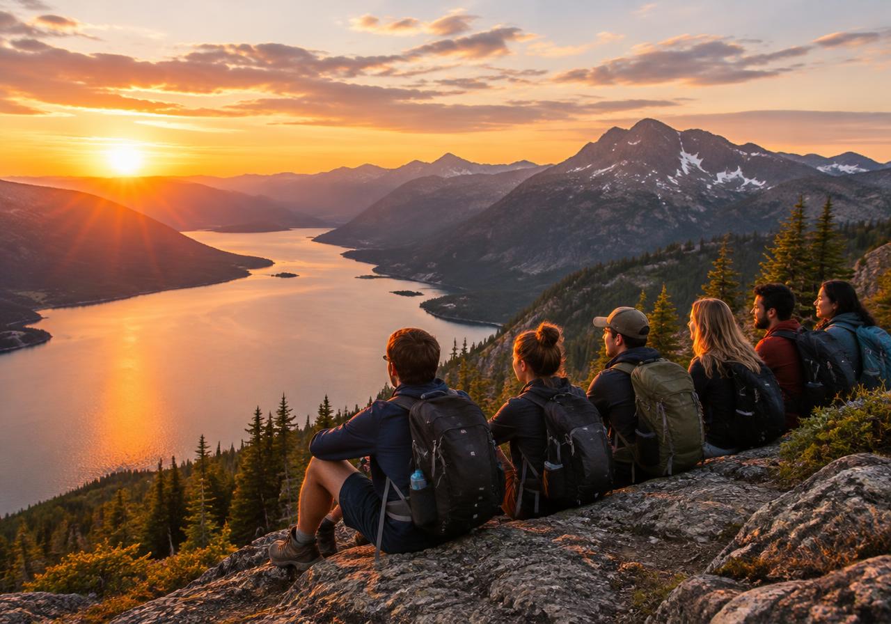 Friends overlooking an alpine lake at sunset